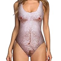 Funny Swimsuits for Women Hairy Chest Bathing Suits Sexy High Cut Tummy Control One Piece Monokini 3D Print Graphic Beachwear
