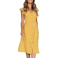 MITILLY Women's Boho Polka Dot Flutter Short Sleeve V Neck Button Down Swing Midi Dress with Pockets