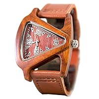 Unisex Triangle Red Wood Watch with Genuine Leather Band
