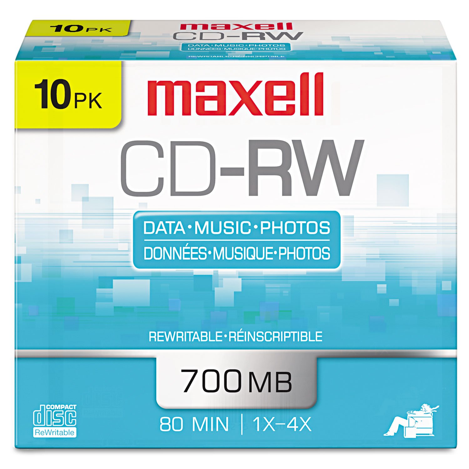 Maxell Cd-Rw Rewritable Disc, 700 Mb/80 Min, 4X, Jewel Case, Silver, 10/Pack