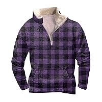 Mens 1/4 Zip Sweatshirt Mock Neck with Fleece Pullover Comfy Plaid Print Polo Sweatshirts Pullover Outdoor Tops