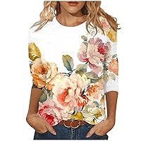 Women's T-Shirts 3/4 Sleeve Summer Floral Blouses Crew Neck Boho Trendy Shirts Loose Fit Casual Cute Tops