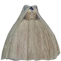 Glitz Gold Sequined Tulle Ball Gown Quinceanera Dresses with Cape Robe Rhinestones Prom Evening Formal Dress