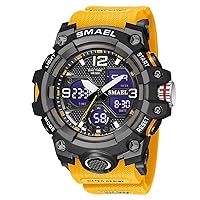 SMAEL Men's Watches Military Outdoor Waterproof Sports Wrist Watch Date Multi Function LED Alarm Stopwatch, Digital Watches for Mens, Orange, Large Face, Digital