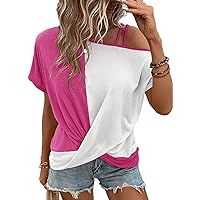 Dokotoo T Shirts for Women Twist Knot Color Block Loose Fit Cold Shoulder Tops for Women Fashion 2024