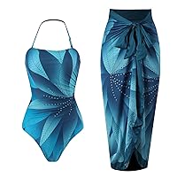 Women's One Piece Swimsuit Fashion-Piece Two Piece Swimsuit Leaf Printed Hip Long Skirt Conservative Swimsuit, S-XL