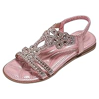wedges sandals for women, Rhinestone Open Toe Low Heels Sandals, Elastic Ankle Strap Casual Bohemian Shoes