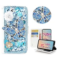 STENES Bling Wallet Phone Case Compatible with iPhone 15 Pro Case - Stylish - 3D Handmade Butterfly Flowers Design Magnetic Wallet Stand Girls Women Leather Cover - Blue