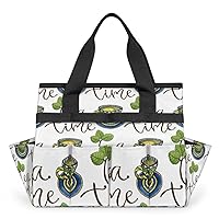 Vintage Green Cups Tea Time Garden Tool Bag,10 Pockets Oxford Garden Tool Storage, Waterproof Stylish Patio Tool Organizer, Handles Gardening Kit(Tools not Included), Gift for Women Man