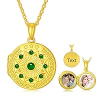 SOULMEET Personalized 10K 14K 18K Gold/Plated Gold Round Emerald Locket Necklace That Holds Pictures Custom Natural Gemstone Locket Pendant Necklace with Real Gold Chain Gift for Wome