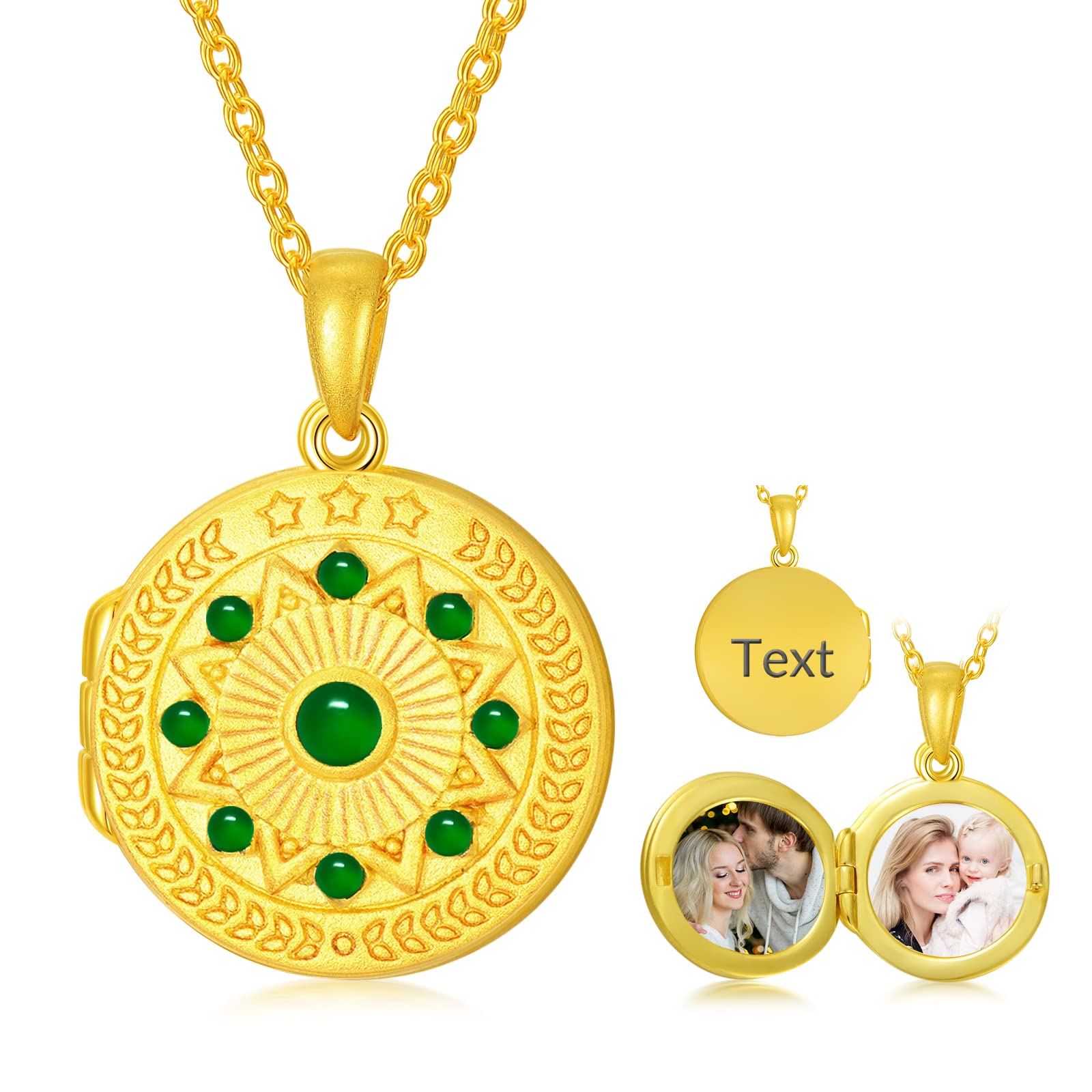 SOULMEET Personalized 10K 14K 18K Gold/Plated Gold Round Emerald Locket Necklace That Holds Pictures Custom Natural Gemstone Locket Pendant Necklace with Real Gold Chain Gift for Wome