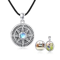 Compass Locket Necklace 925 Sterling Silver Moonstone Chain Celtic Knot Photo Locket Amulet Medallion with Photo Compass Jewellery for Men Son Boys Women Gifts