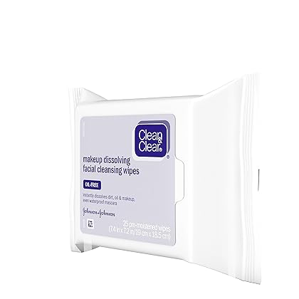 Clean & Clear Oil-Free Makeup Dissolving Facial Cleansing Wipes to Remove Dirt, Oil, Makeup & Waterproof Mascara, 25 ct.