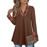 Messic Women's Long Sleeve Button V Neck Flowy Pleated Shirts Casual Tunic Tops Blouse