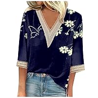Women Shirts Trendy Lace Trim Loose Fit T-Shirts 3/4 Sleeve V Neck Tees Spring Workout Lightweight Tops Clothing