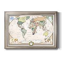 Renditions Gallery Colorful World Map Canvas Wall Art with Vintage Silver Frame Wall Hanging Travel Map with Push Pins for Home, Office, Classroom