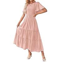 ZESICA Women's Summer Casual Flutter Short Sleeve Crew Neck Solid Color Smocked Tiered A Line Flowy Beach Midi Dress