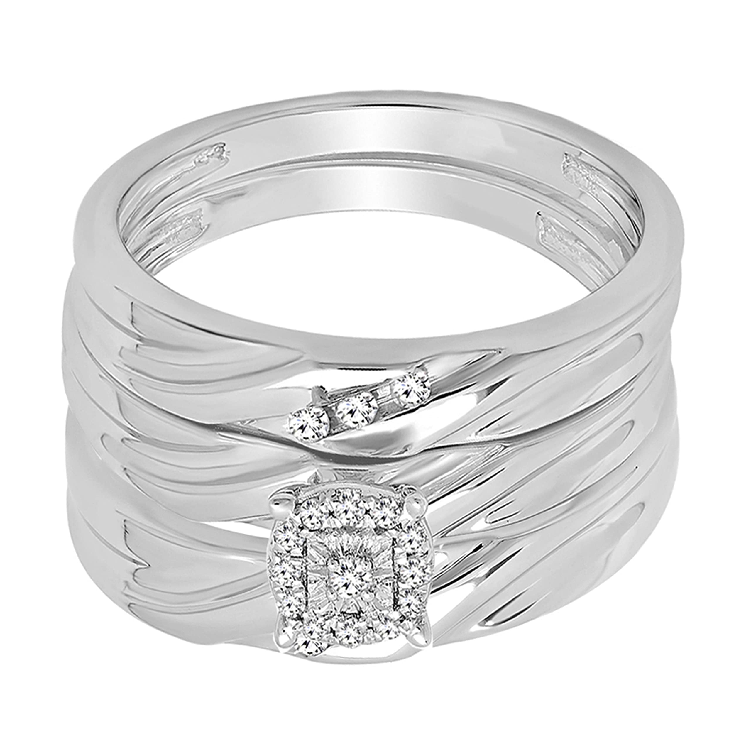 Dazzlingrock Collection 0.15 Carat (ctw) Round White Diamond Mens & Women Bride Groom Engagement Ring Stunning Trio Bridal Set Couple Ring, 925 Sterling Silver