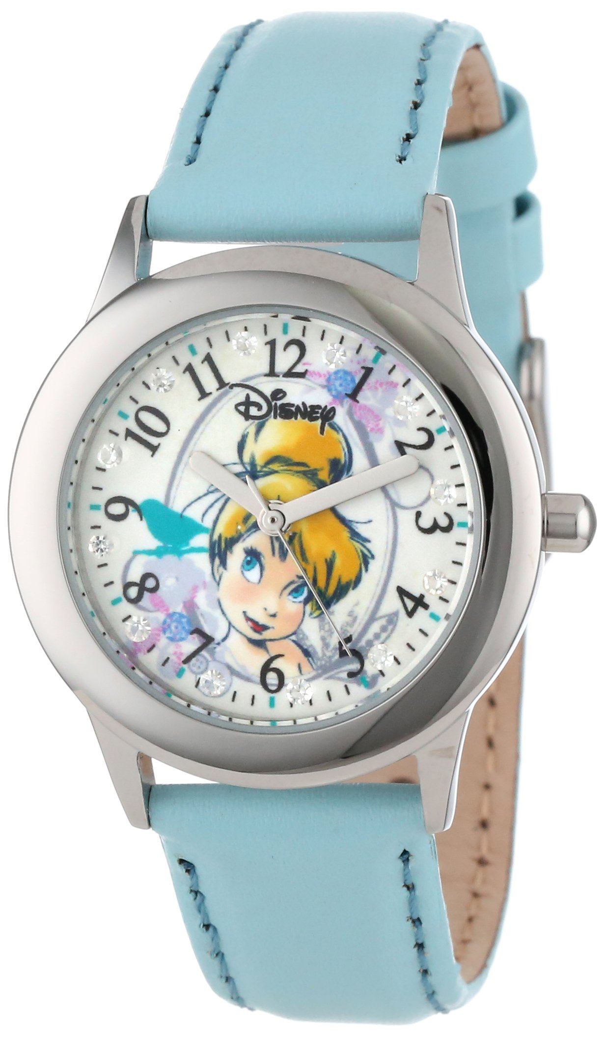 Disney Kids' W000991 Tween Tinker Bell Glitz Stainless Steel Light Blue Leather Strap Watch