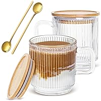 Set of 2 Glass Coffee Mugs with Bamboo Lids and Spoons, 12oz Vintage Ribbed Glassware for Latte, Tea, Cappuccino, Cute Coffee Bar Accessories Clear Glass Coffee Cups for Hot/Cold Beverages