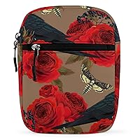 Death Head Hawk Moths and Roses Small Crossbody Bag Mini Shoulder Bag for Men Adjustable Satchel Bag Messenger Bag