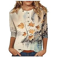 Womens 3/4 Length Sleeve Tops Casual Button Down Blouses Floral Graphic Tees Three Quarter Length Sleeve Summer Tops