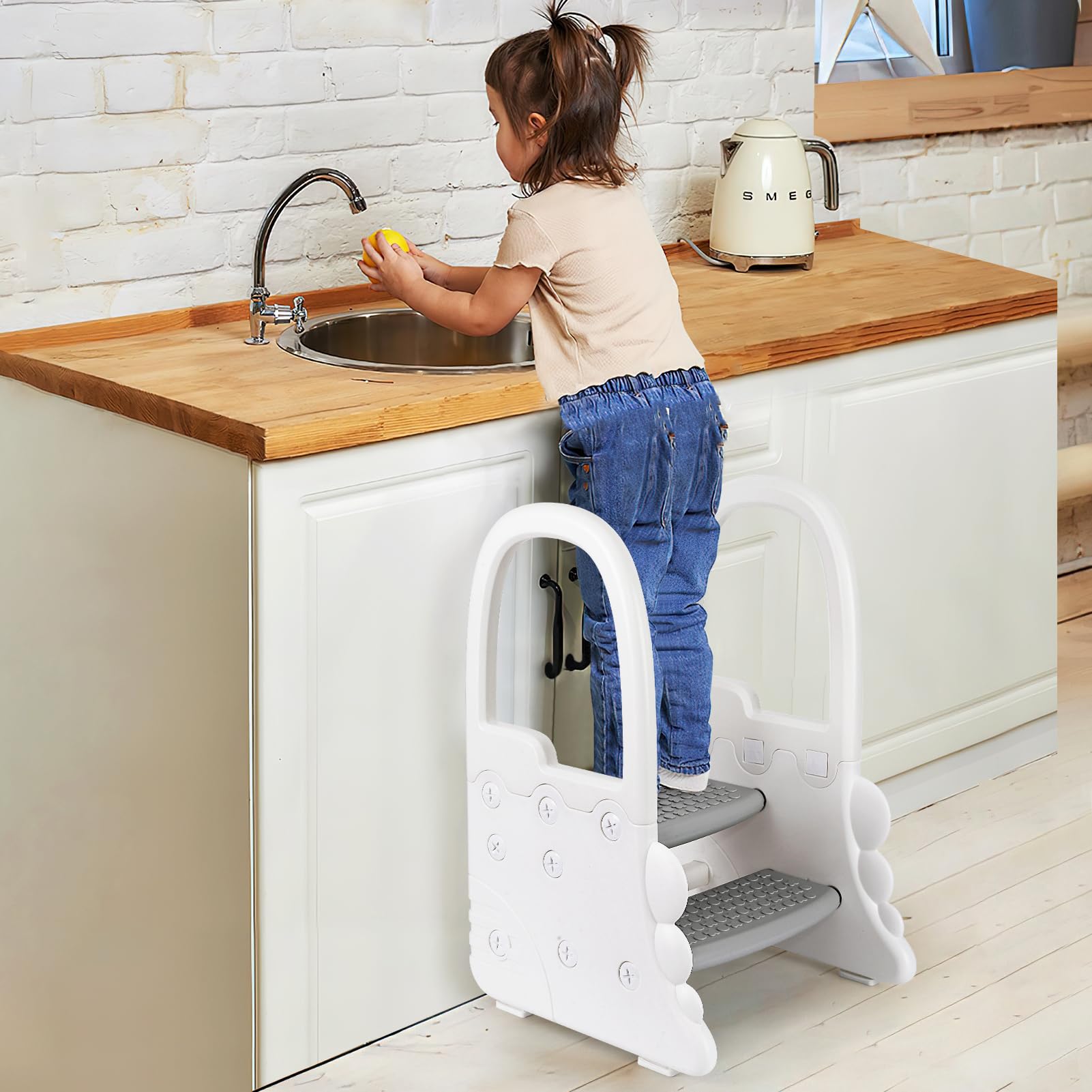 Step Stool for Kids, Plastic Toddler 2 Step Stools for Bathroom Sink, Toilet Potty Training, Toddler Stepping Stool Kitchen Stool Helper with Handrails (Grey)