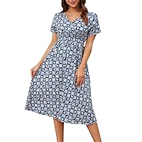 Women Dresses Summer Beach Dresses for Women 2024 Vacation Floral Print Casual Pretty with Short Sleeve V Neck Summer Dresses Blue X-Large