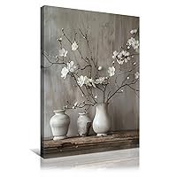 vandlife Rustic Zen Flower Canvas Print Pottery Vases Wooden Table White Plum Blossoms Gray Mottled Walls Show Traces of Time Framed Farmhouse Floar Painting for Living Room Bedroom Decor 36x48in