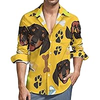 Smiling Dog Dachshund with Dog Stuff Men's Button Down T Shirts Long Sleeve Casual Hawaiian Shirt Pocket Print Top