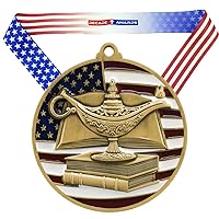 Academic Patriotic Medal - 2.75 Inch Wide Scholastic Medallion with Stars and Stripes American Flag V Neck Ribbon