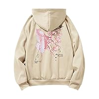 Guys Butterfly & Slogan Graphic Raglan Sleeve Drawstring Thermal Hoodie (Color : Apricot, Size : Small)
