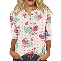 Valentine's Day Shirt Women 3/4 Sleeves Love Heart Graphic Tees Cute Printed Tops Blouse