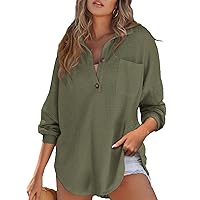 Astylish Women Waffle Knit Top Henley Shirts Long Sleeve V Neck Solid Color Casual Tunic