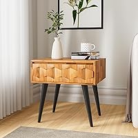 Georgina Solid Wood Nightstand with Drawers, Fully Assembled Rustic Nighstand with Geometric Pattern, Mid Century Modern Side Table for Living Room, Bedroom - Teak Brown