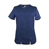 Soft Premium Professional Work-Wear 2 Pocket Cross Over Tunic Top for Women Junior Fit (True Navy Blue, Medium)