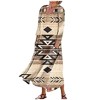 Plus Size Maxi Dresses for Women 2023 Boho Printed 3/4 Sleeve Dress U Neck Flowy Beach Sundresses with Pockets