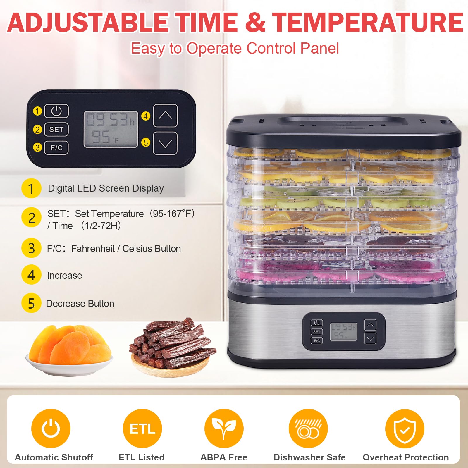 HOPERAN Food Dehydrator, 6 Trays Dehydrator with 72H Timer & 95-167℉ Temperature Control & LED Display, Dehydrators for Food and Jerky, Fruits, Herb, Veggies, Pet Treat, BPA-Free, Recipe Book Included