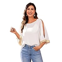 Womens Summer Tops Sexy Casual T Shirts for Women Split Sleeve Contrast Sequin Top