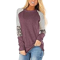 LALUNE Women's T Shirts Leopard Print Color Block Tunic Round Neck Long Sleeve Loose Pullovers Blouses Tops