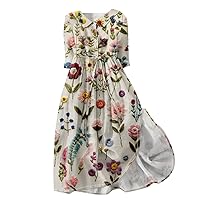Floral Printed Dress for Women 3/4 Sleeve Lapel Button Down High Waist Lace Up Dress Fashion Summer Beach Flowing Dress