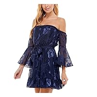 Womens Navy Stretch Sheer Belted Ruffled Metallic Pinstripe Lined Floral Bell Sleeve Off Shoulder Short Evening Fit + Flare Dress Juniors L