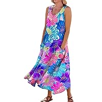 Beach Vacation Clothes for Women Bohemian Dress for Women 2024 Floral Print Casual Loose Fit Linen with Sleeveless U Neck Pockets Dresses Purple X-Large