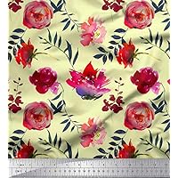 Soimoi Yellow Polyester Crepe Fabric Leaves & Denmark Rose Floral Decor Fabric Printed Yard 42 Inch Wide