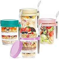 Overnight Oats Containers with Lids and Spoon,Mason Jars,16 Oz Glass Oatmeal Container to Go for Chia Pudding Yogurt Salad Cereal Meal Prep Jars (Grey,Purple,Dark Green,Fluorescent Green(4 pack)
