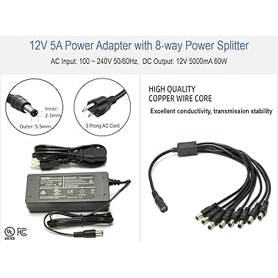 12V 5A 60W AC DC Power Supply with a 8 Way CCTV Power Splitter