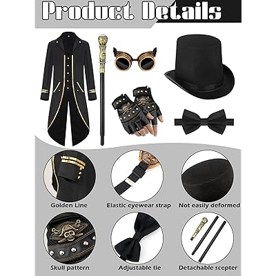 6 Pcs Halloween Steampunk Costume Accessories for Men Steampunk Jacket  Gothic Top Hat Vintage Bow Tie Goggles Cane Glove for Halloween Cosplay