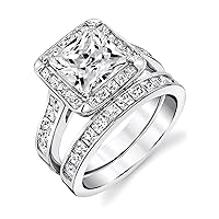 Metal Masters Co. Women's Sterling Silver 925 Bridal Set Engagement Rings 2.5 Carat Princess Cut Cubic Zirconia 5-9