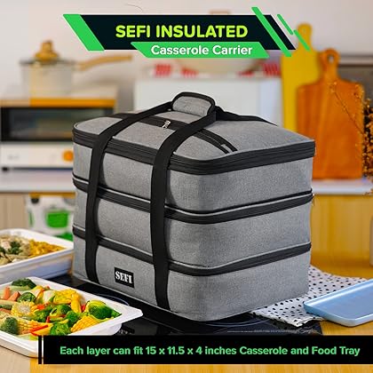 SEFI Insulated Casserole Dish Carrier 3 Decker for Hot Food or Cold Drink | Thermal Food Container with Expandable Compartment | Keep Food Warm for Travel, Picnic & Special Occasions (Gray)