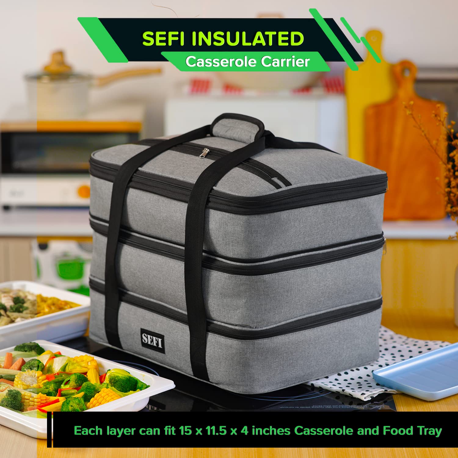 SEFI Insulated Casserole Dish Carrier 3 Decker for Hot Food or Cold Drink | Thermal Food Container with Expandable Compartment | Keep Food Warm for Travel, Picnic & Special Occasions (Gray)